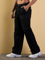 Men Black Side Pocket Baggy Cargo Jeans-MSJEAN0613