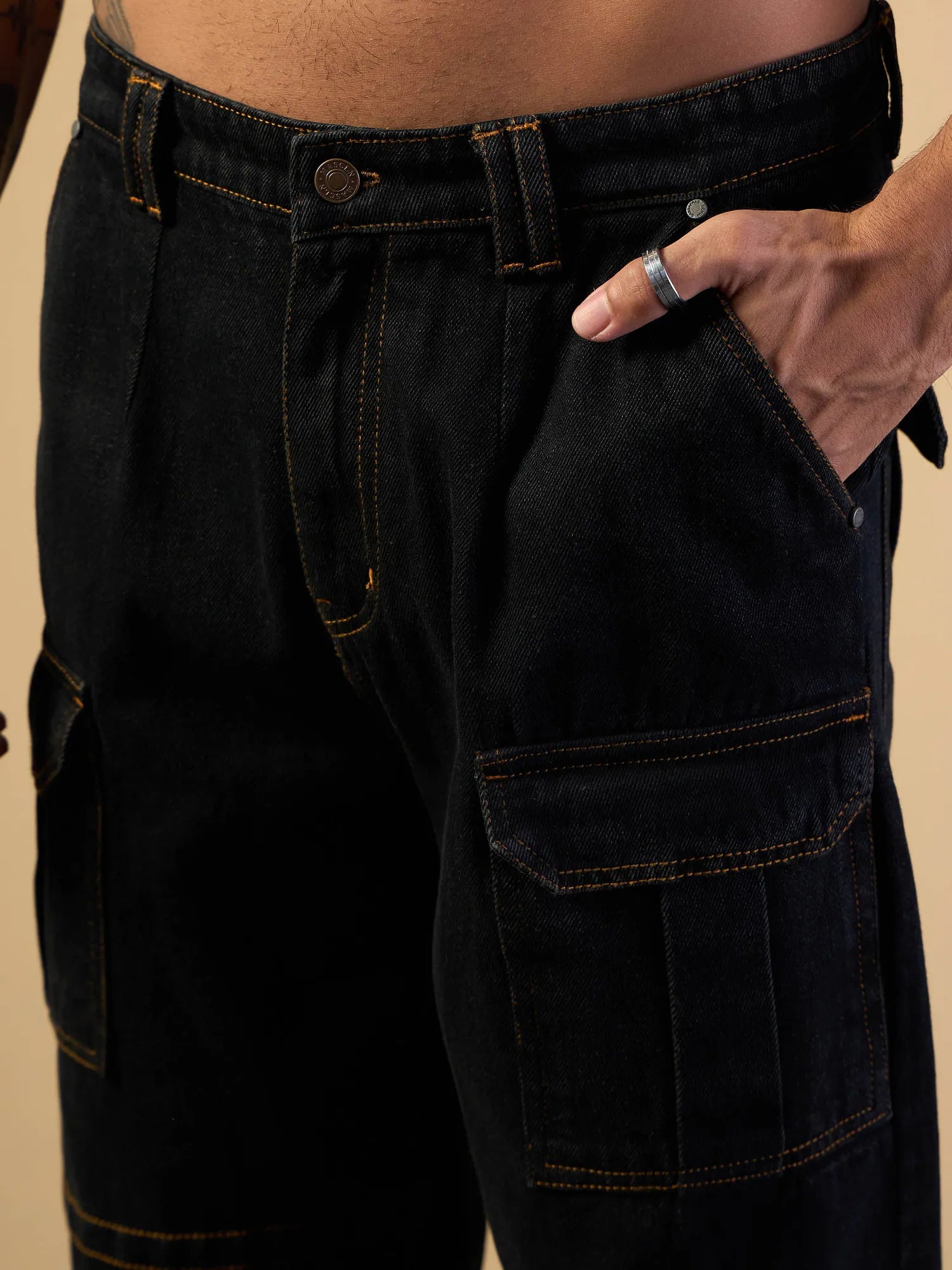 Black Baggy Cargo Jeans for Men - Side Pocket Cotton Pants