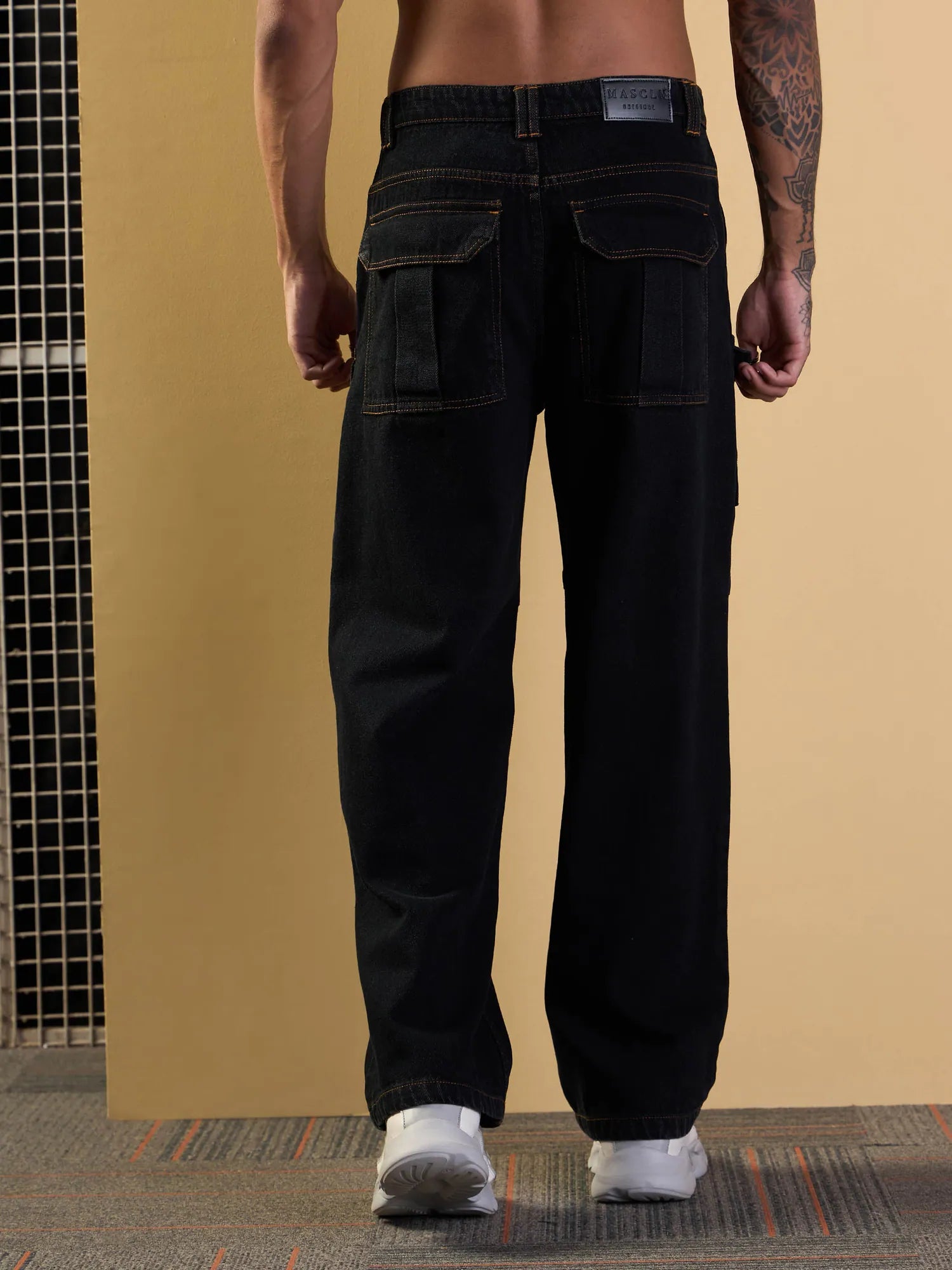 Black Baggy Cargo Jeans for Men - Side Pocket Cotton Pants