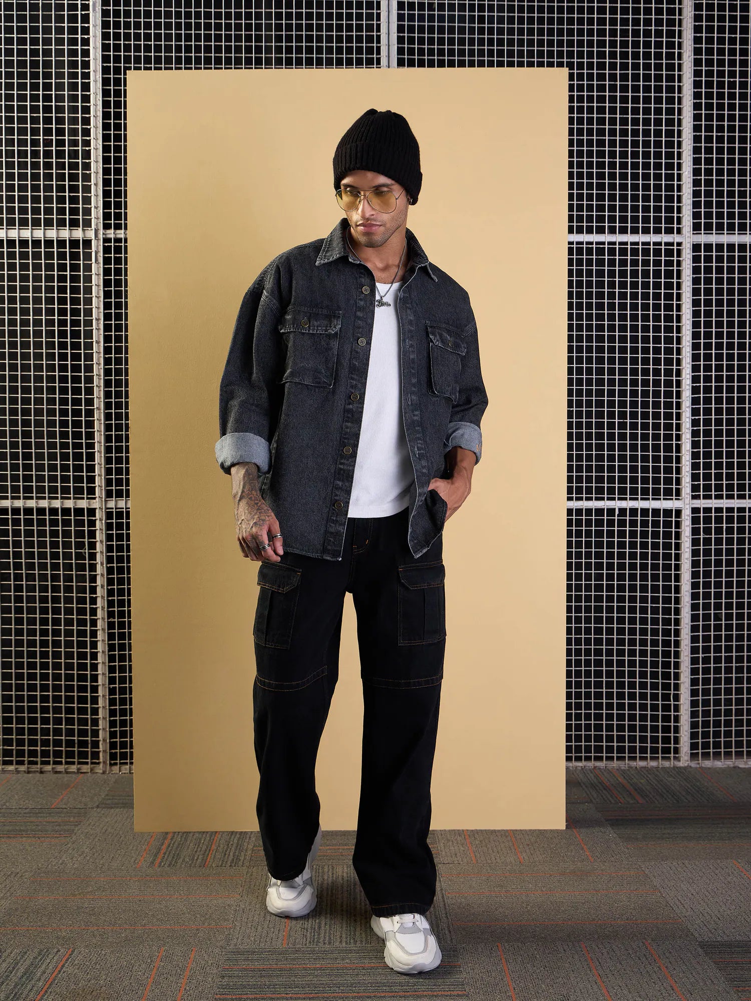 Black Baggy Cargo Jeans for Men - Side Pocket Cotton Pants
