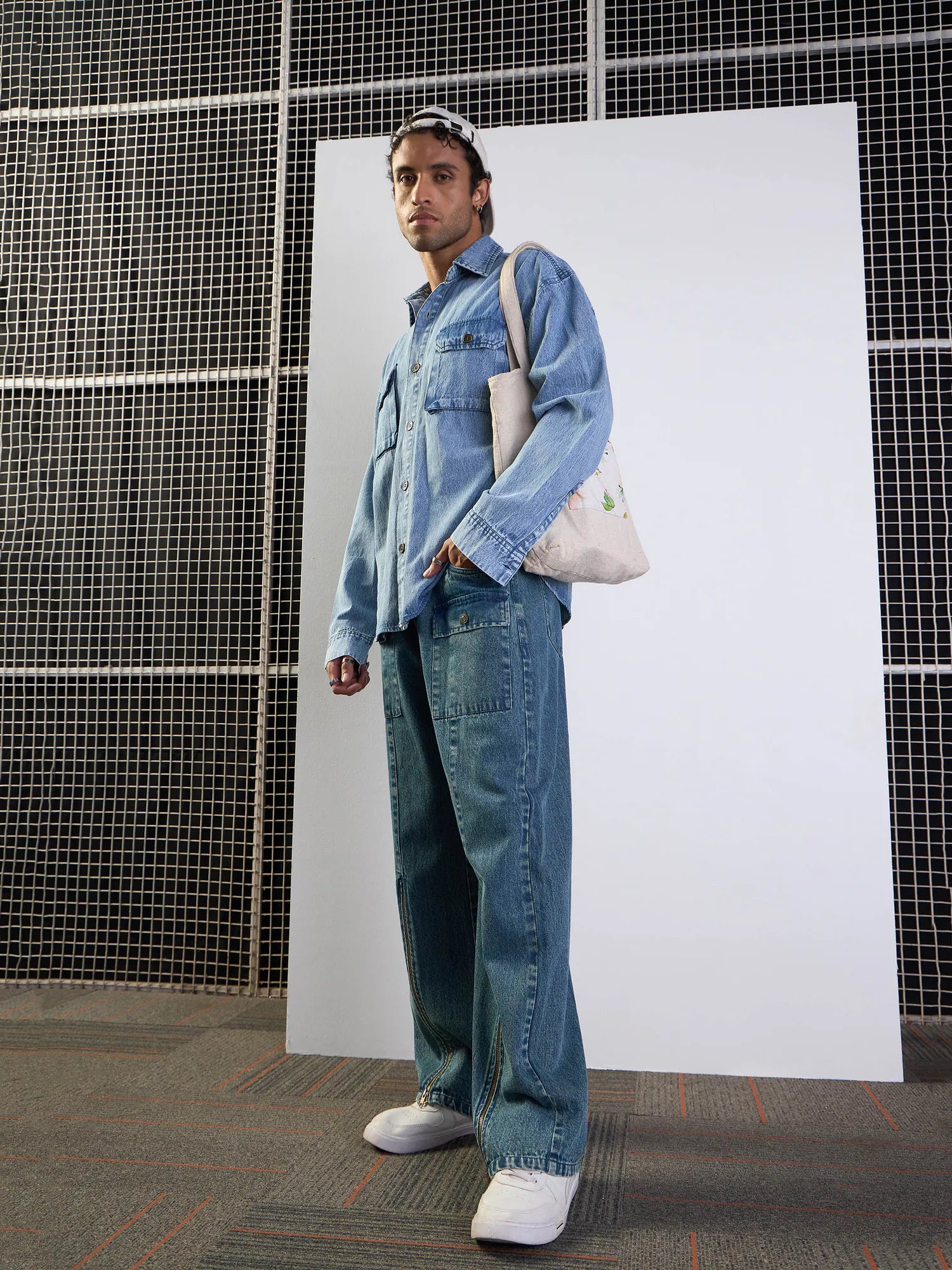 Blue Washed Baggy Jeans with Zipper | Cotton Cargo Pants