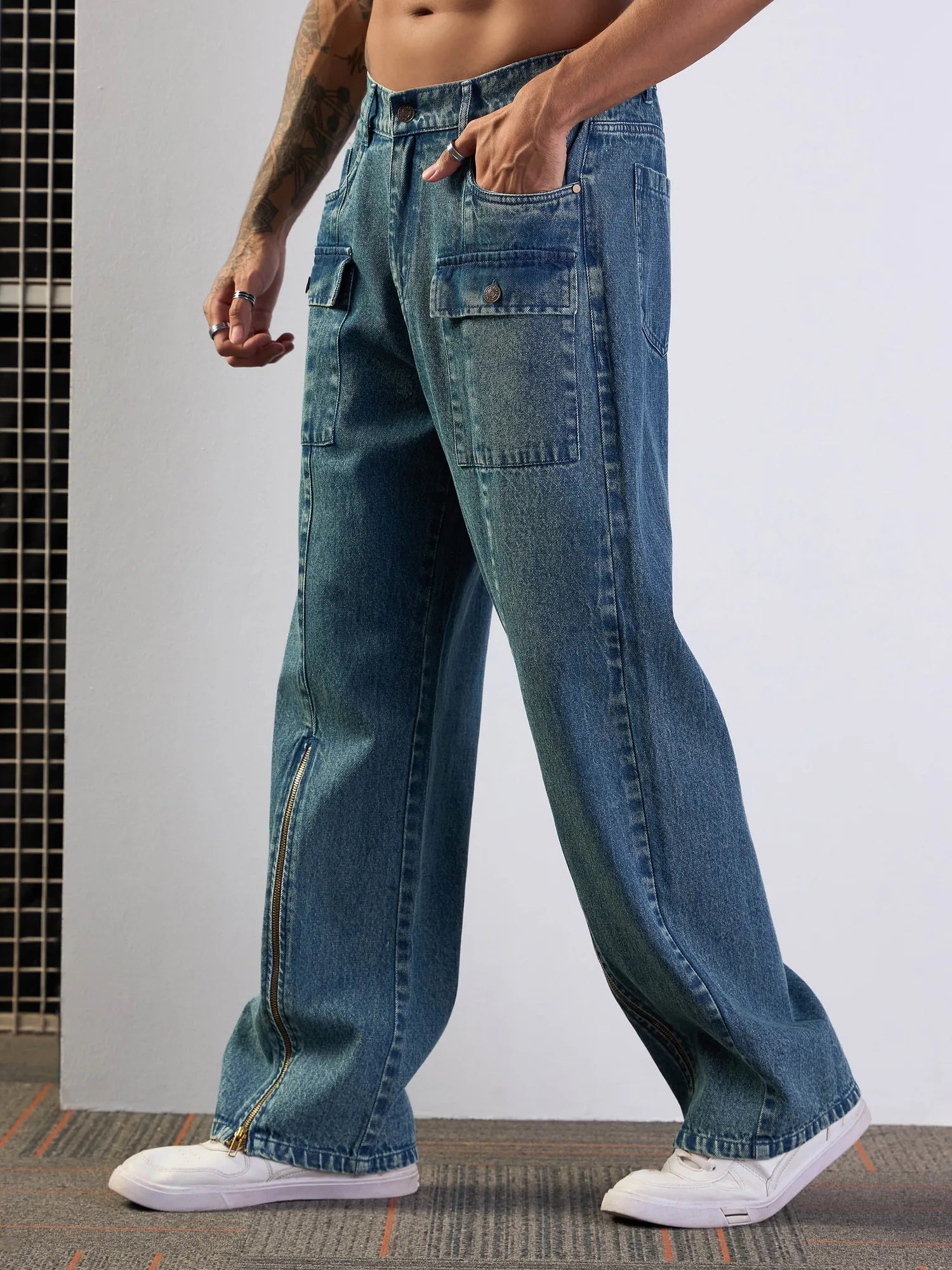 Blue Washed Baggy Jeans with Zipper | Cotton Cargo Pants