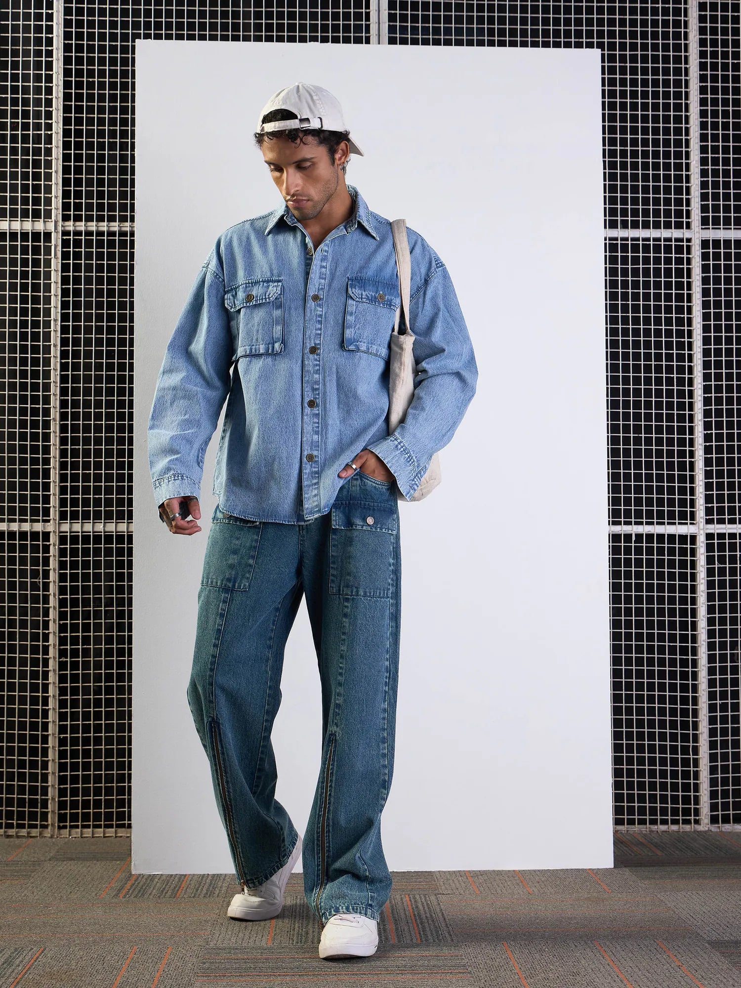 Blue Washed Baggy Jeans with Zipper | Cotton Cargo Pants