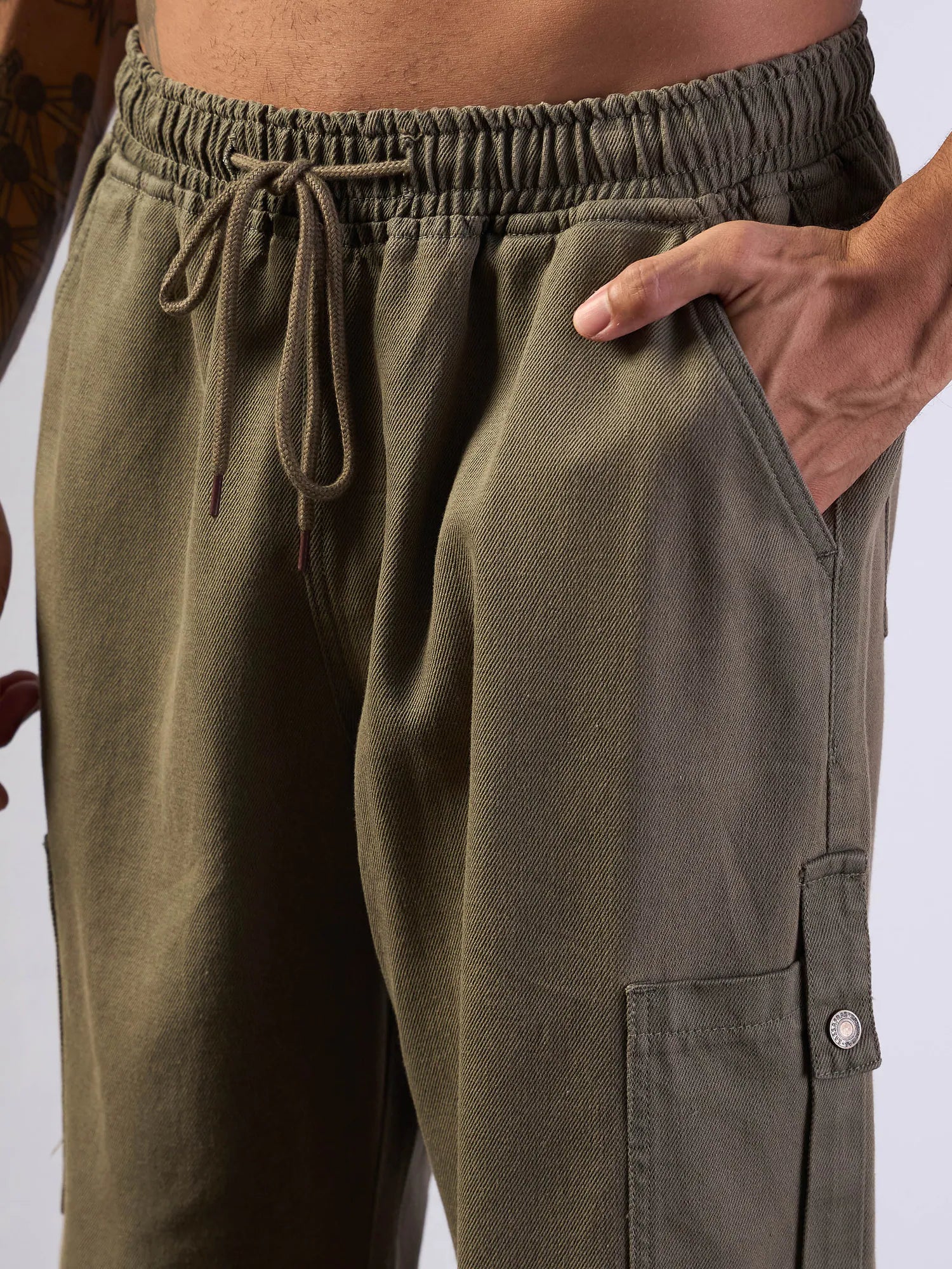 Men's Khaki Baggy Cargo Jeans | Front Detail Denim Pants