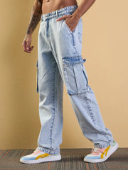 Men Blue Washed Cargo Pocket Jeans-MSJEAN0627