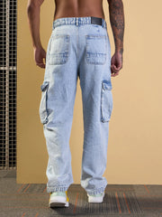 Men Blue Washed Cargo Pocket Jeans-MSJEAN0627