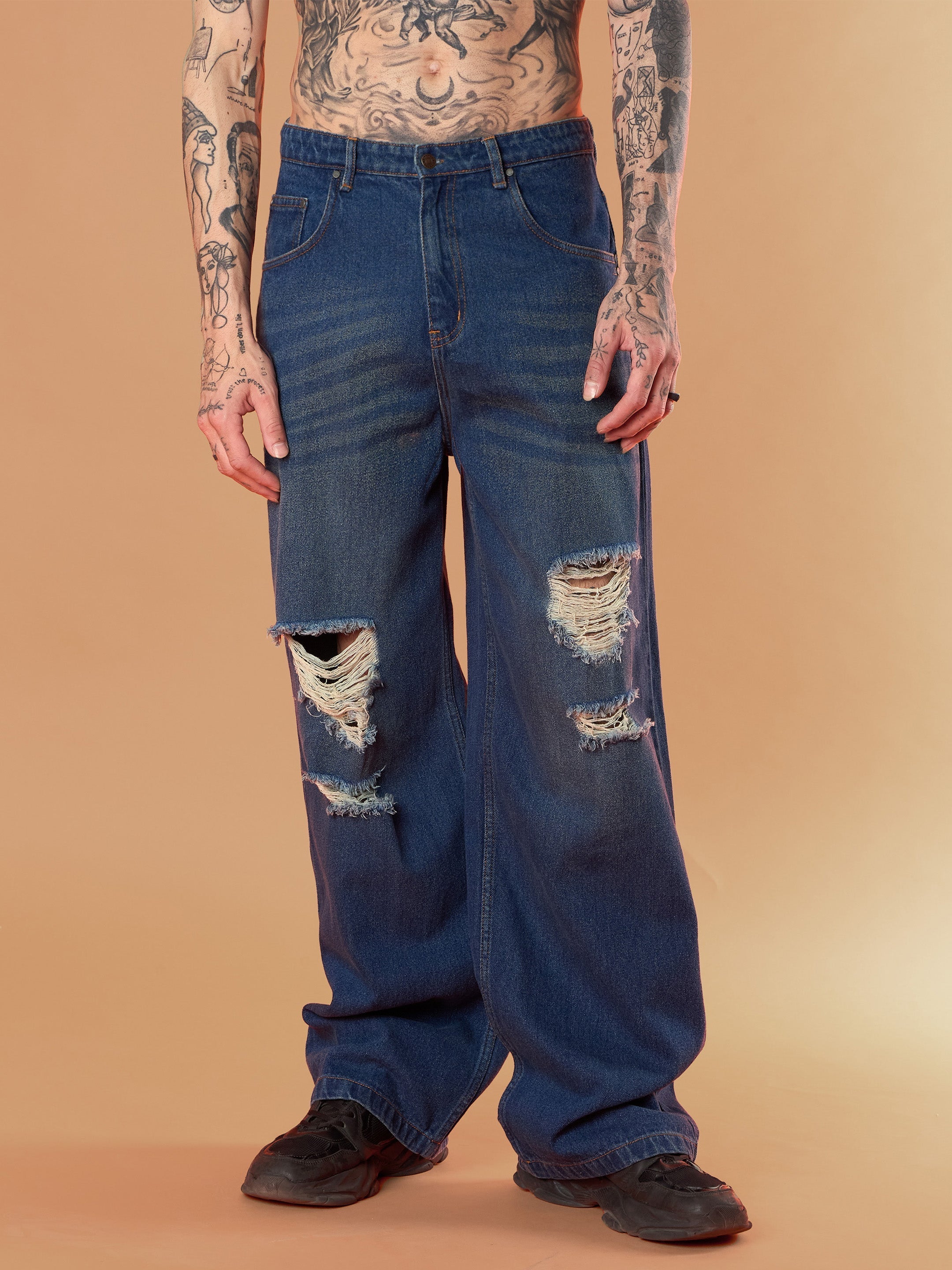Men Blue Washed Front Distressed Wide Leg Jeans-MSJEAN0653