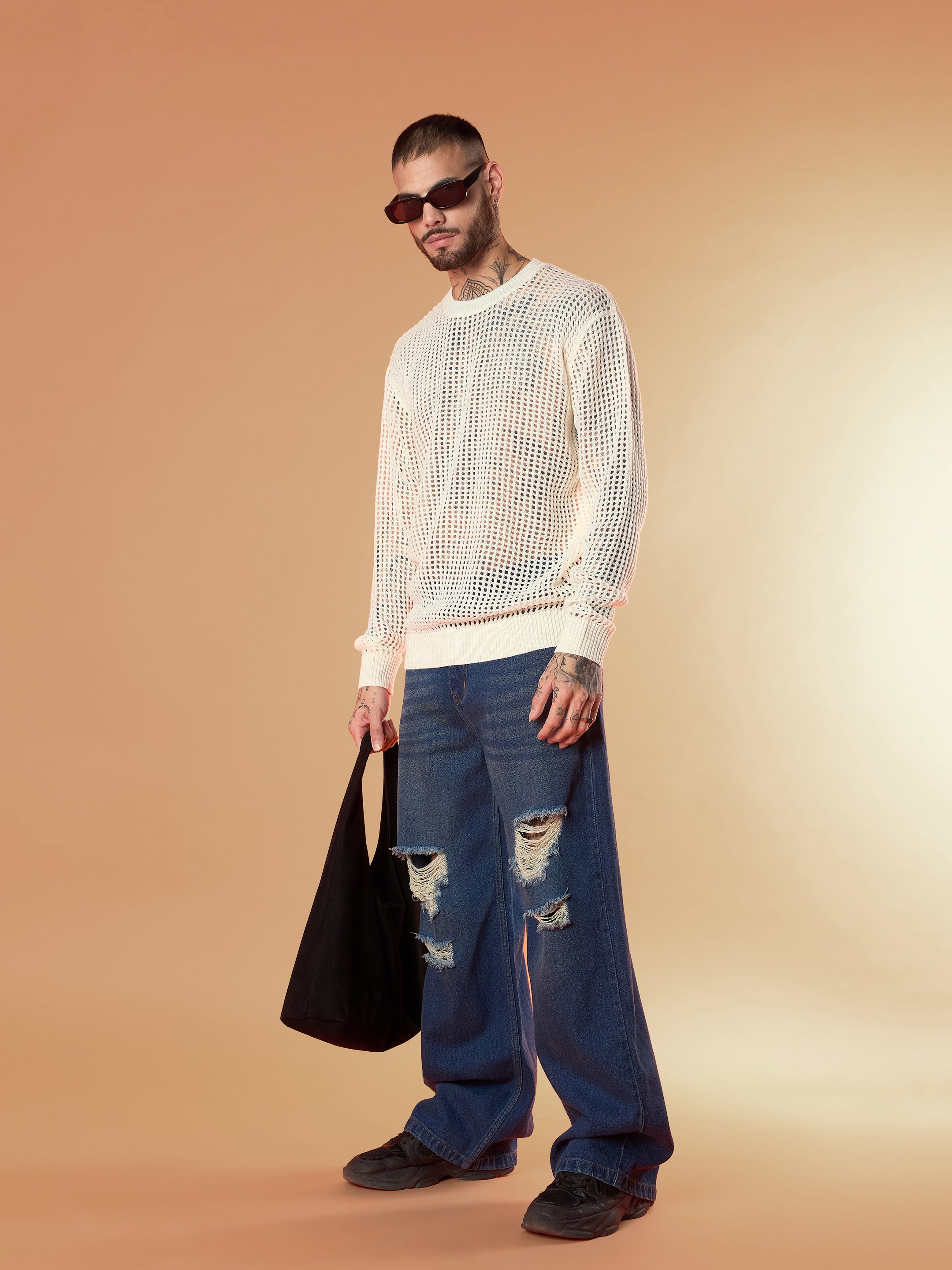 Men Blue Washed Front Distressed Wide Leg Jeans-MSJEAN0653