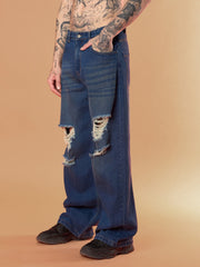 Men Blue Washed Front Distressed Wide Leg Jeans-MSJEAN0653