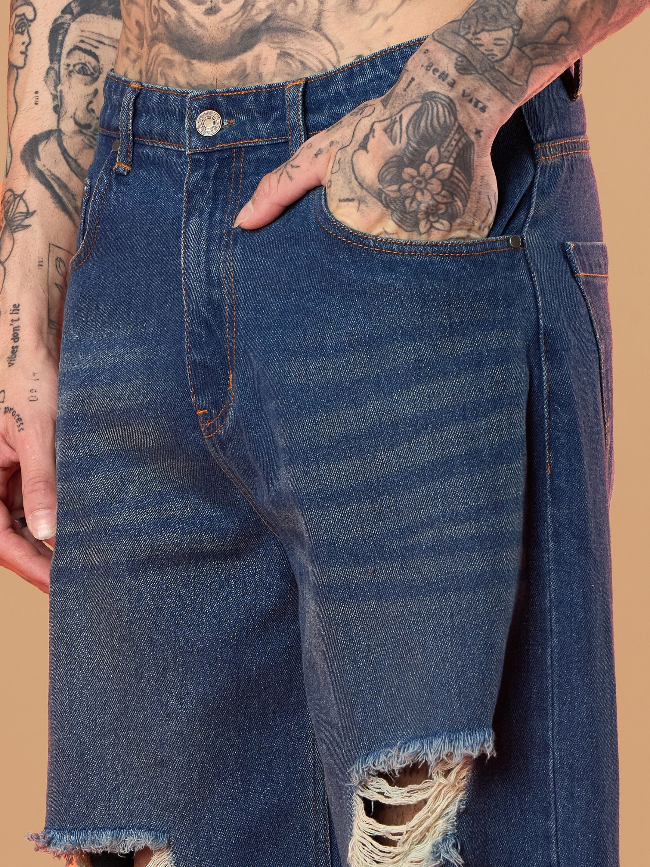 Men Blue Washed Front Distressed Wide Leg Jeans-MSJEAN0653