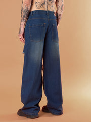 Men Blue Washed Front Distressed Wide Leg Jeans-MSJEAN0653