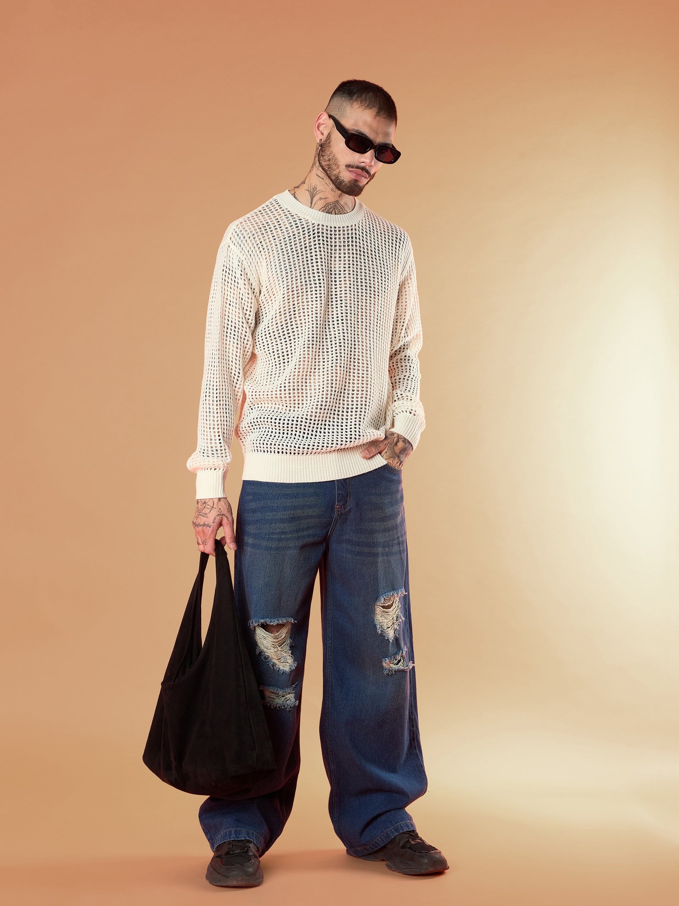 Men Blue Washed Front Distressed Wide Leg Jeans-MSJEAN0653