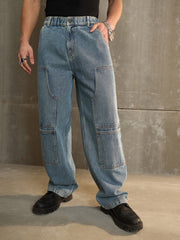 Men Blue Washed Wide Leg Carpenter Jeans-MSJEAN0687