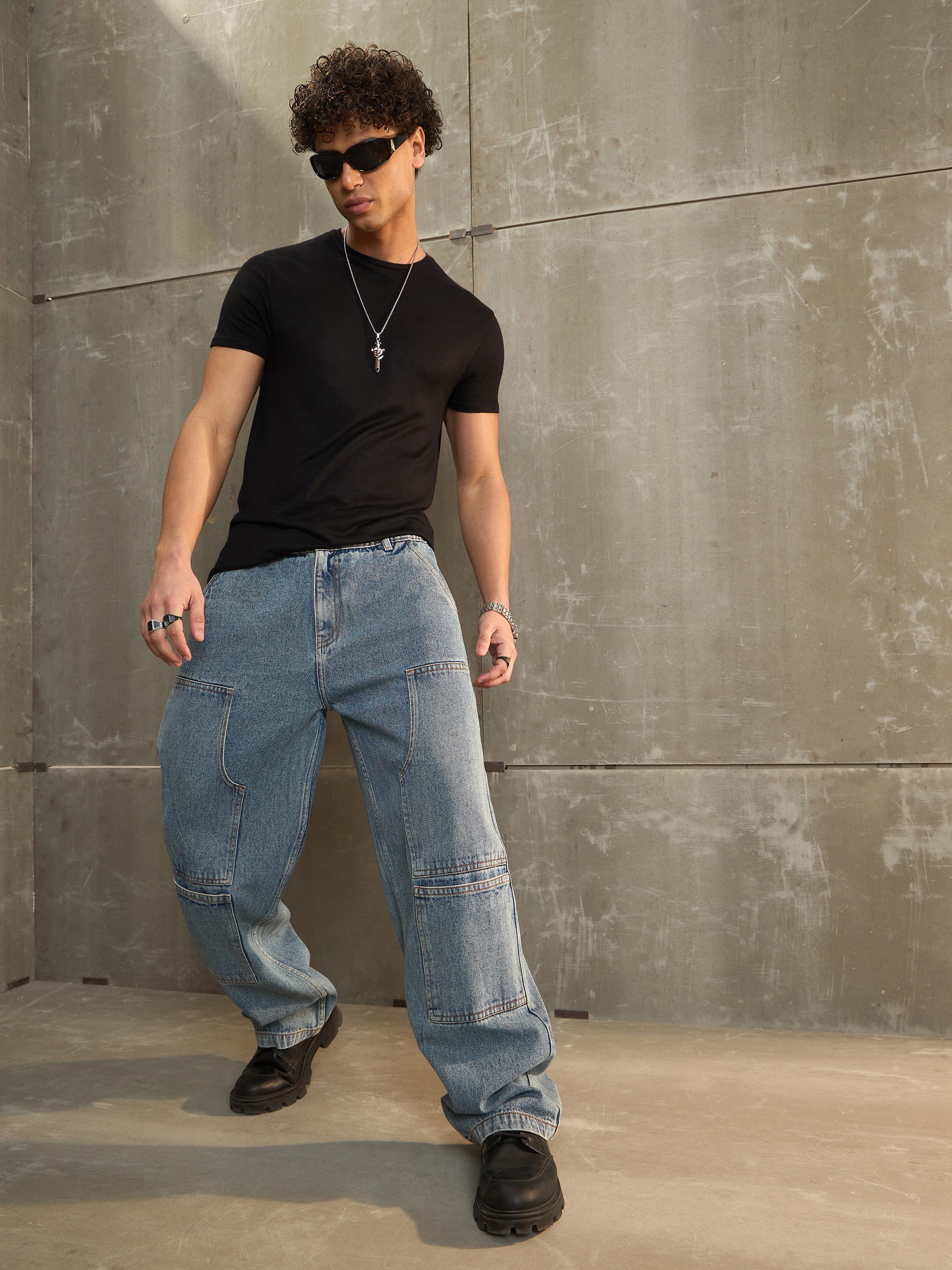 Men Blue Washed Wide Leg Carpenter Jeans-MSJEAN0687