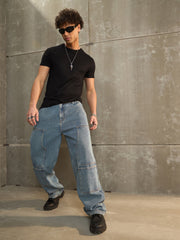 Men Blue Washed Wide Leg Carpenter Jeans-MSJEAN0687