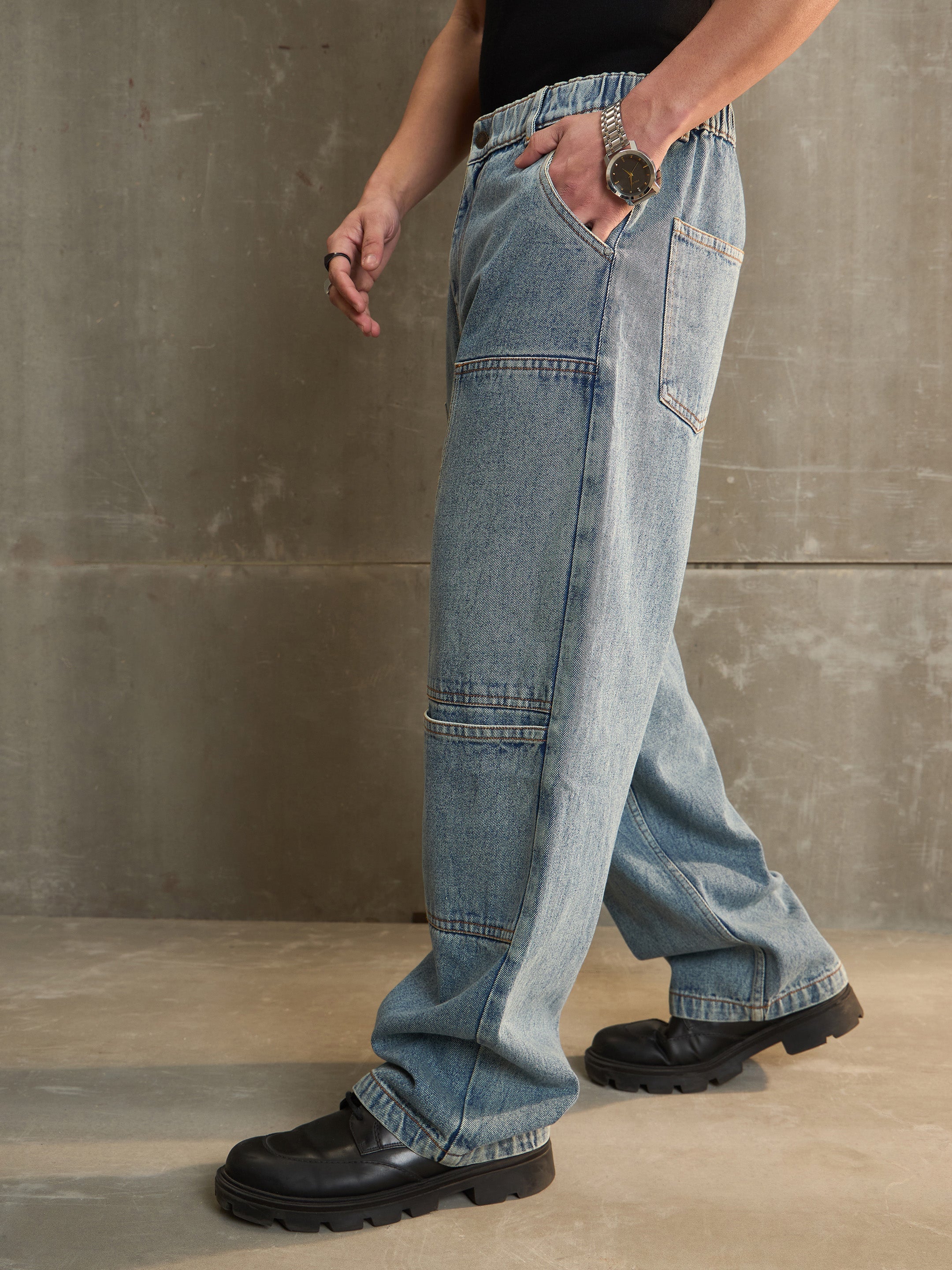 Men Blue Washed Wide Leg Carpenter Jeans-MSJEAN0687