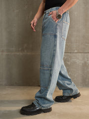 Men Blue Washed Wide Leg Carpenter Jeans-MSJEAN0687