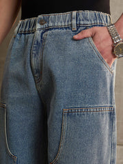 Men Blue Washed Wide Leg Carpenter Jeans-MSJEAN0687