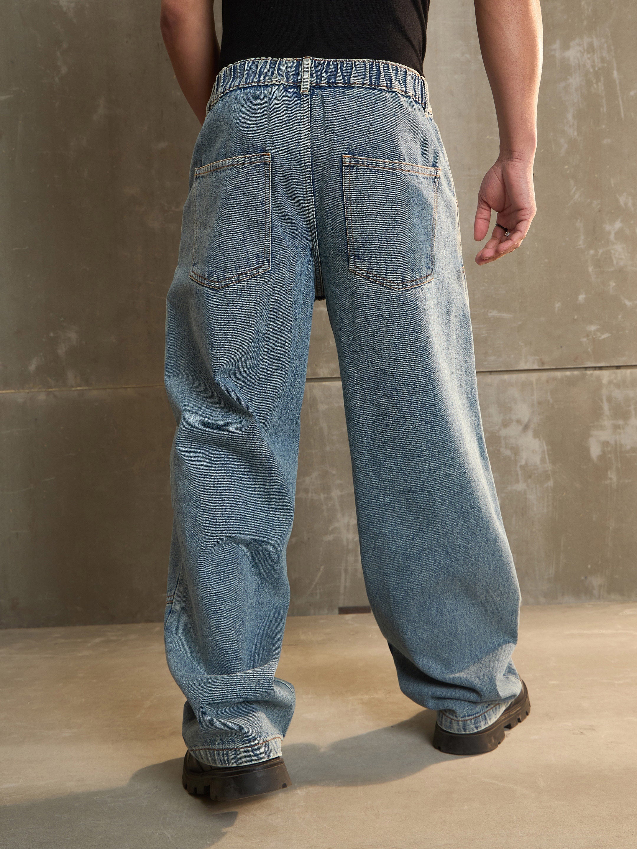Men Blue Washed Wide Leg Carpenter Jeans-MSJEAN0687