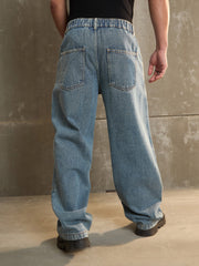 Men Blue Washed Wide Leg Carpenter Jeans-MSJEAN0687