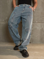 Men Blue Washed Wide Leg Carpenter Jeans-MSJEAN0687