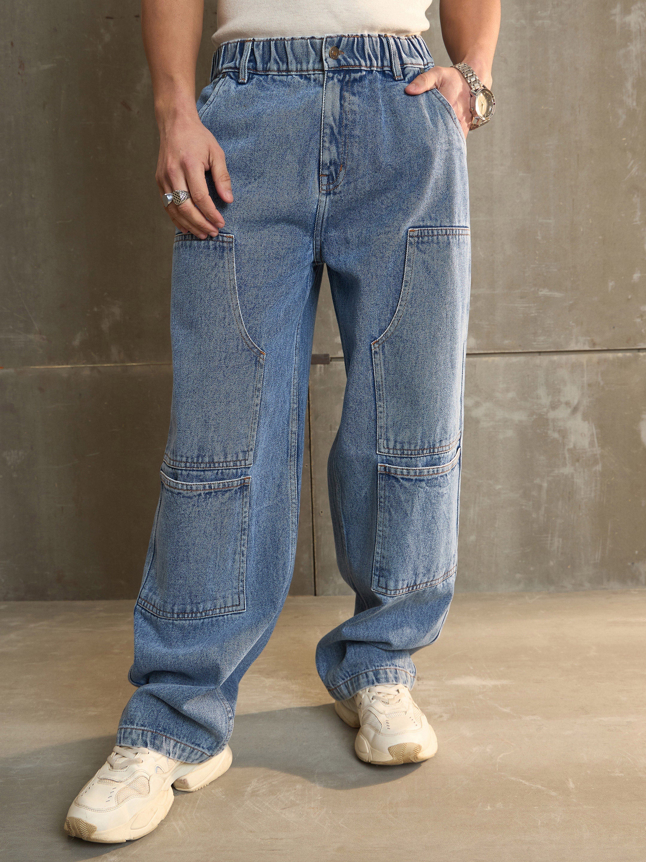 Men Navy Washed Wide Leg Carpenter Jeans-MSJEAN0688