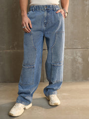 Men Navy Washed Wide Leg Carpenter Jeans-MSJEAN0688