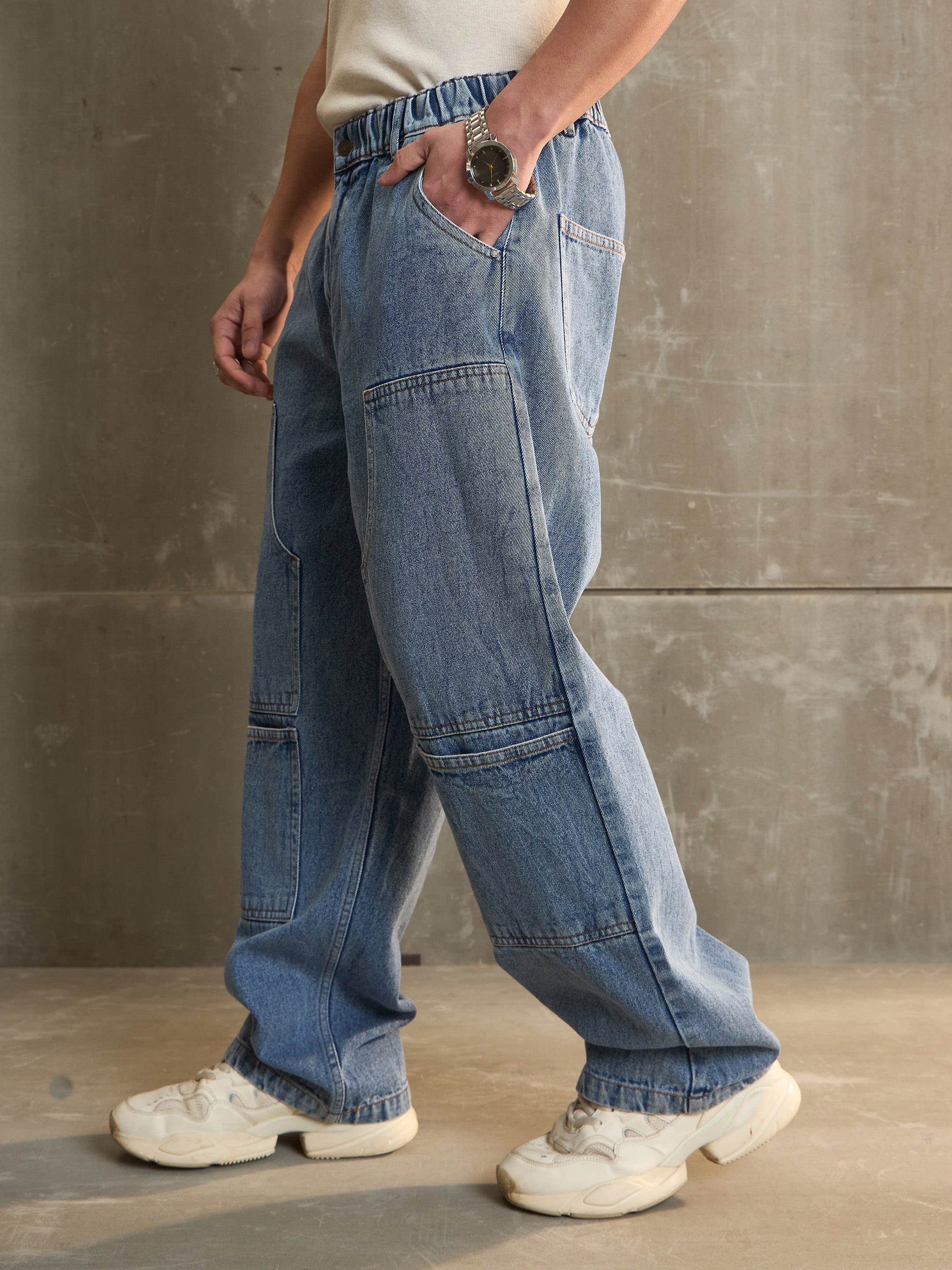 Men Navy Washed Wide Leg Carpenter Jeans-MSJEAN0688