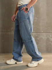 Men Navy Washed Wide Leg Carpenter Jeans-MSJEAN0688
