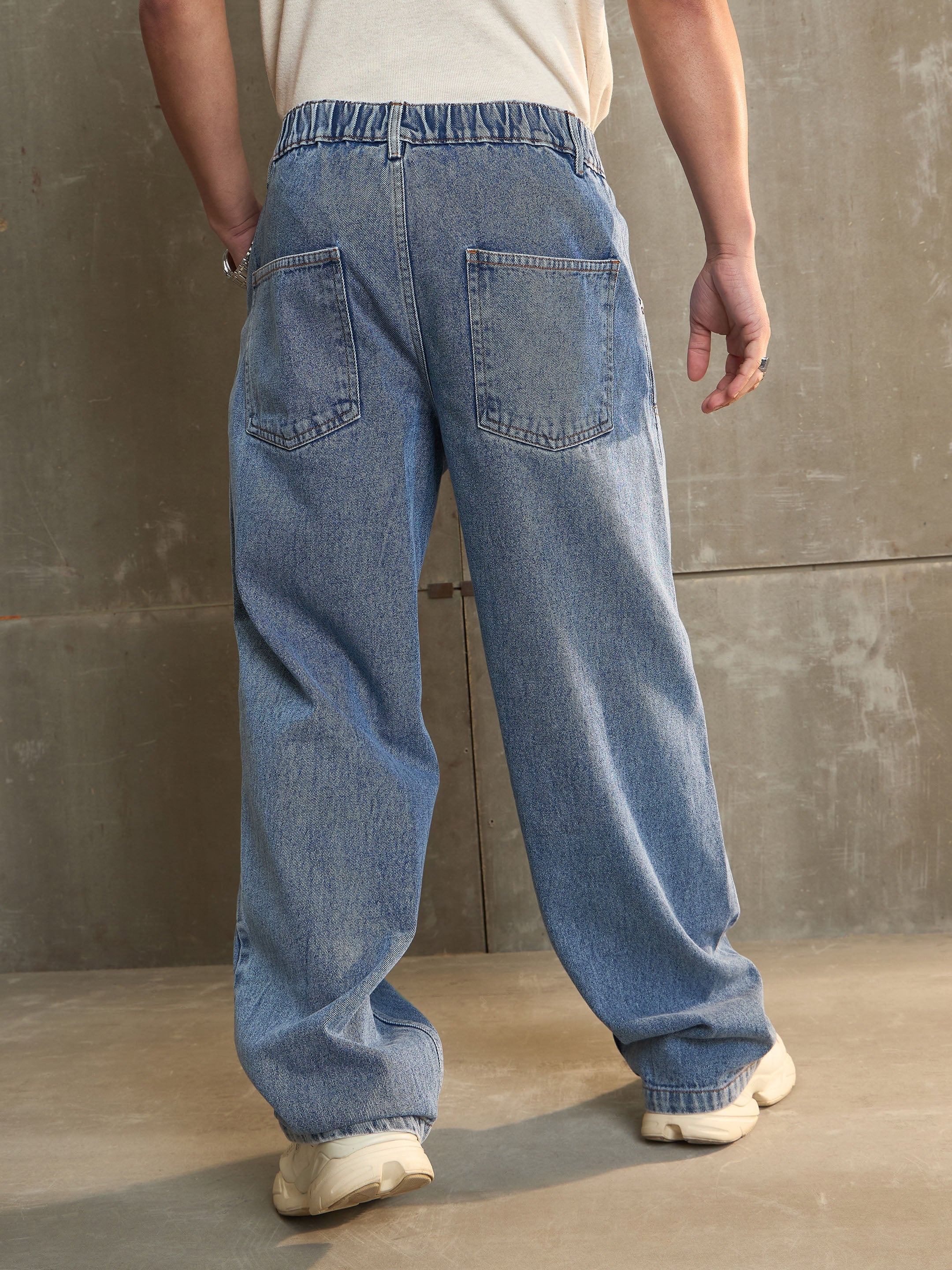Men Navy Washed Wide Leg Carpenter Jeans-MSJEAN0688