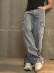 Men Grey Wide Leg Cargo Jeans-MSJEAN0689