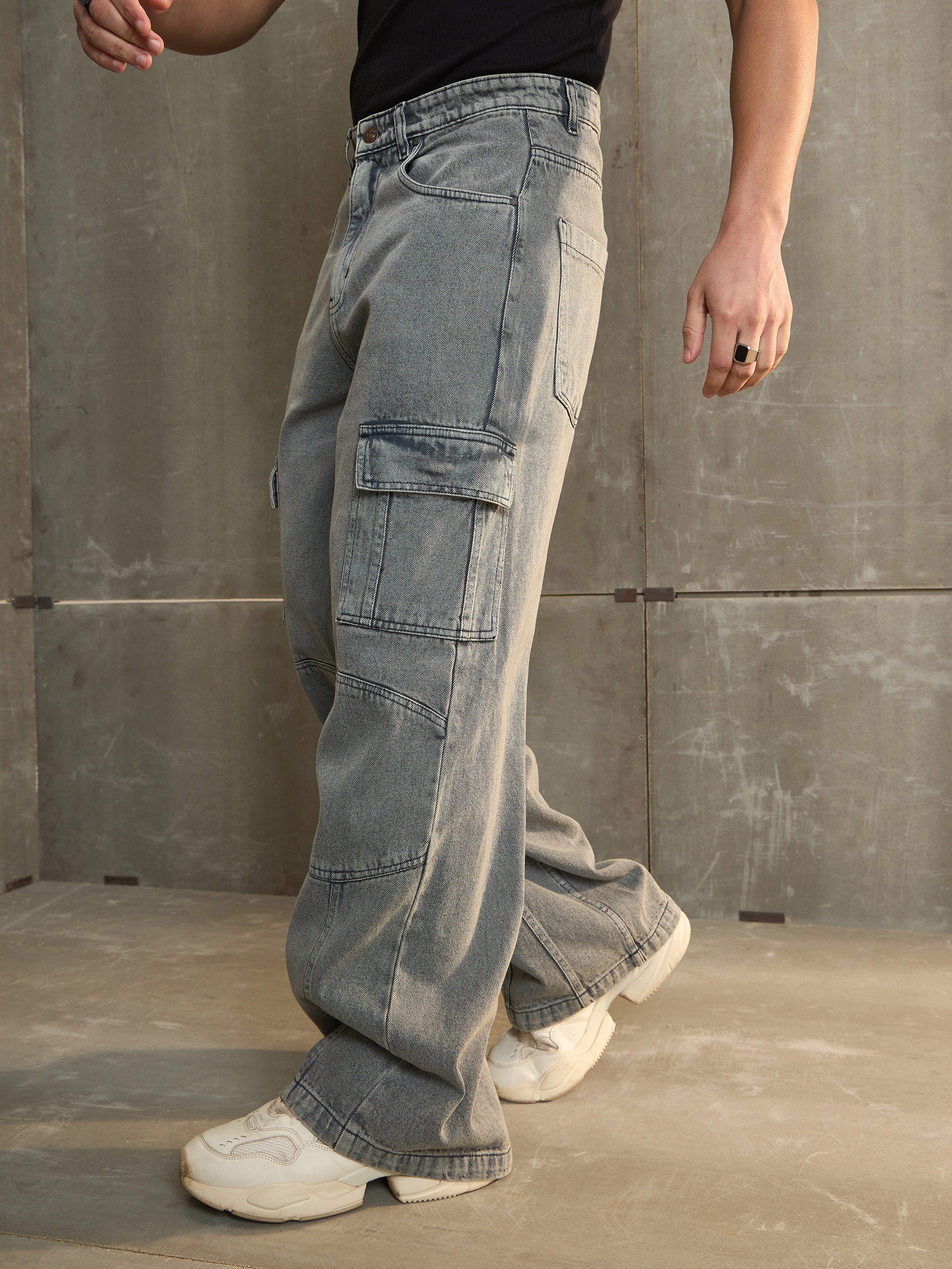 Men Grey Wide Leg Cargo Jeans-MSJEAN0689