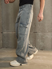 Men Grey Wide Leg Cargo Jeans-MSJEAN0689