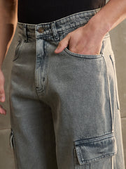 Men Grey Wide Leg Cargo Jeans-MSJEAN0689