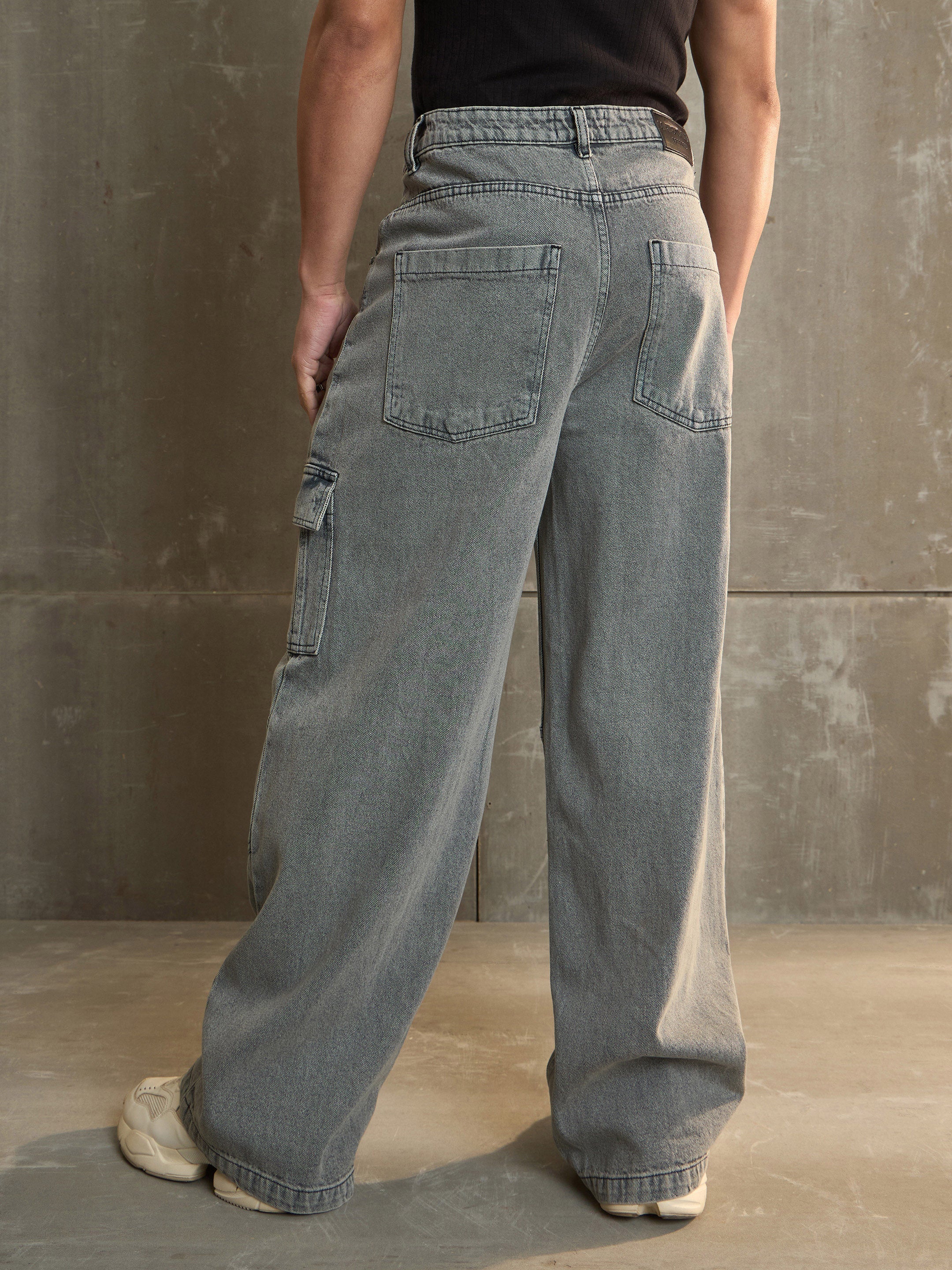 Men Grey Wide Leg Cargo Jeans-MSJEAN0689
