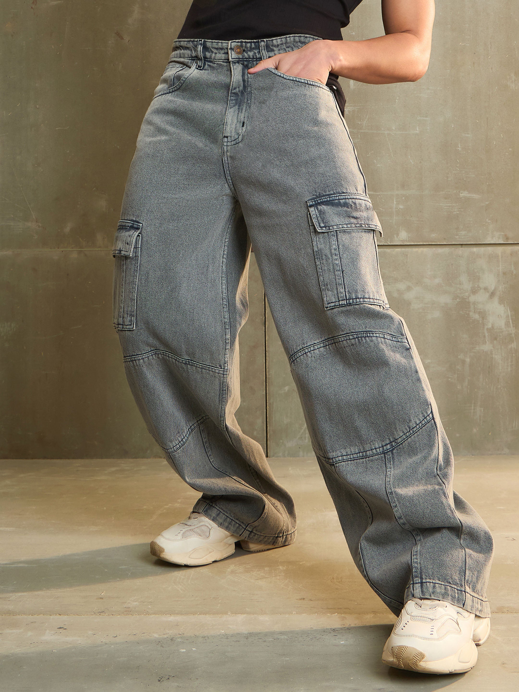 Men Grey Wide Leg Cargo Jeans-MSJEAN0689