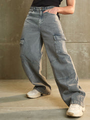 Men Grey Wide Leg Cargo Jeans-MSJEAN0689
