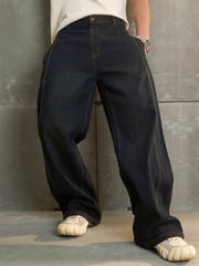 Men Navy Washed Side Detail Wide Leg Jeans-MSJEAN0693