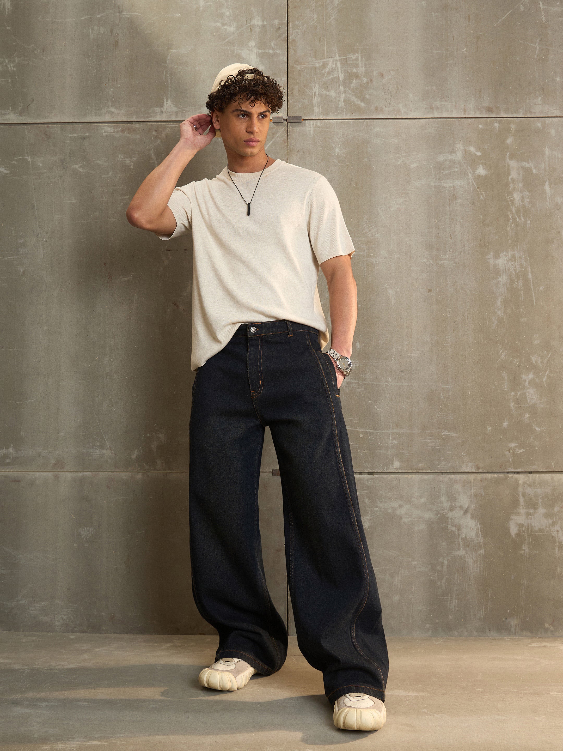Men Navy Washed Side Detail Wide Leg Jeans-MSJEAN0693