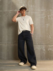 Men Navy Washed Side Detail Wide Leg Jeans-MSJEAN0693