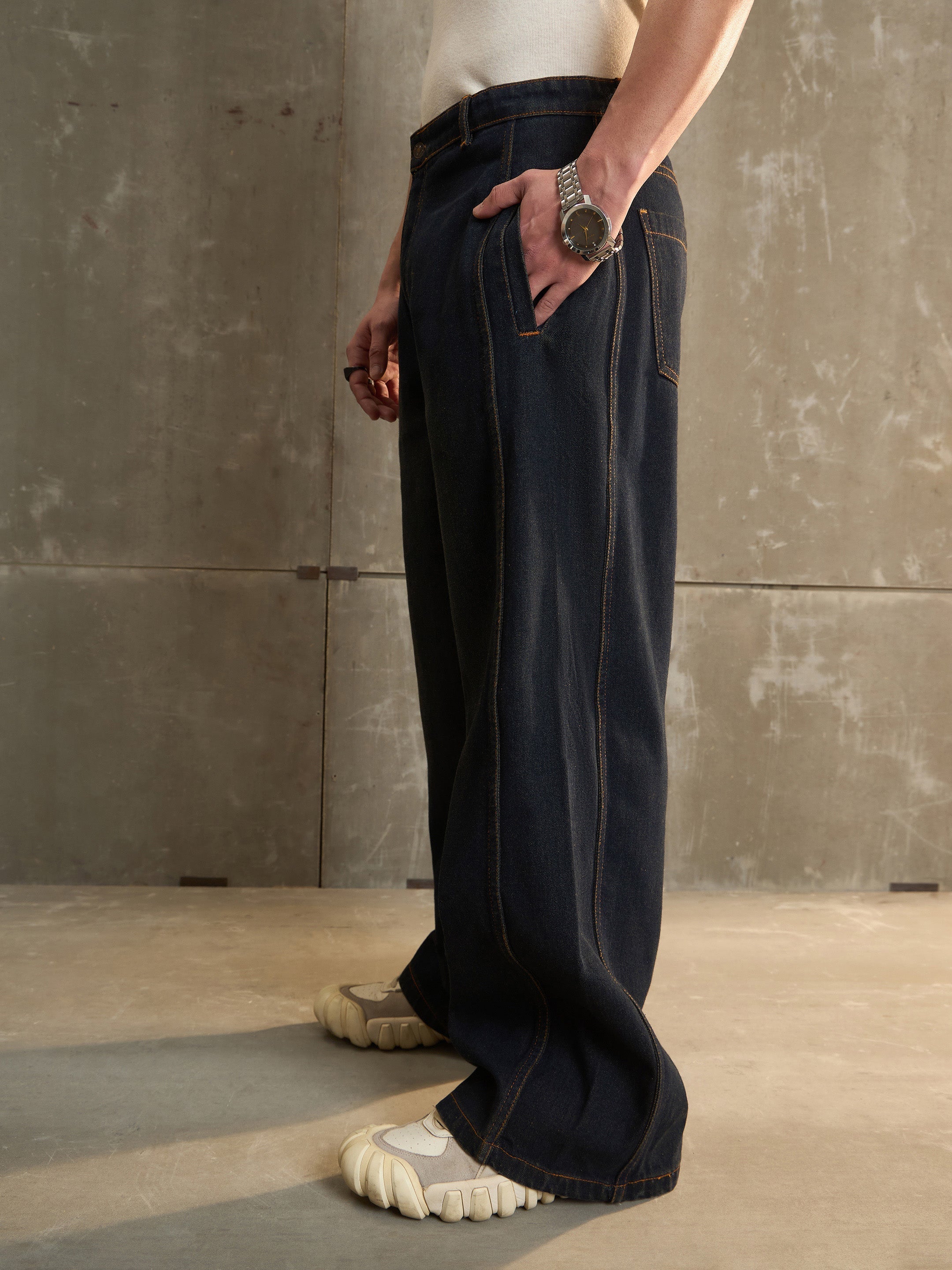 Men Navy Washed Side Detail Wide Leg Jeans-MSJEAN0693