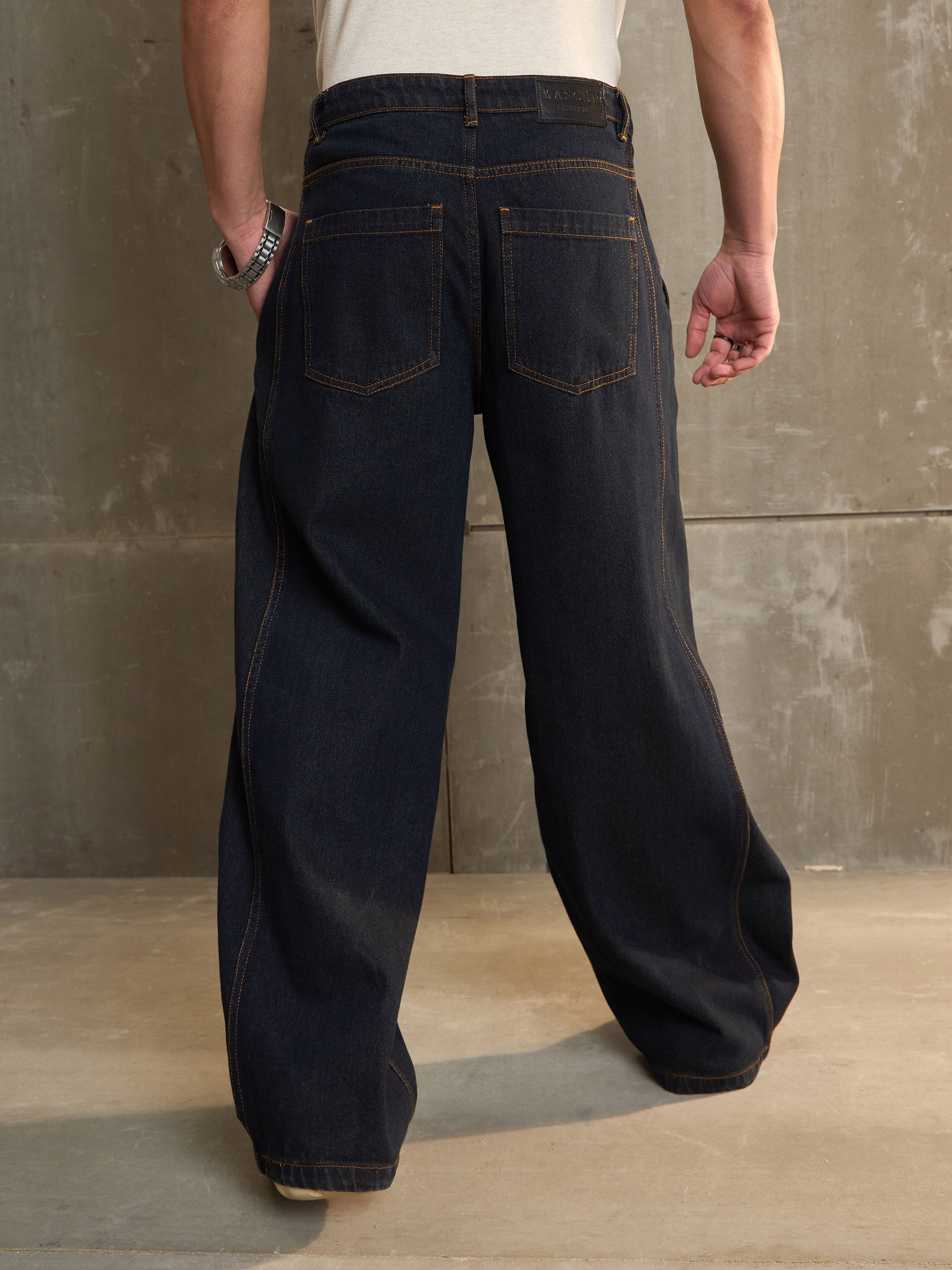 Men Navy Washed Side Detail Wide Leg Jeans-MSJEAN0693