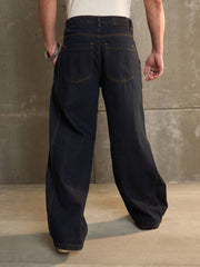 Men Navy Washed Side Detail Wide Leg Jeans-MSJEAN0693