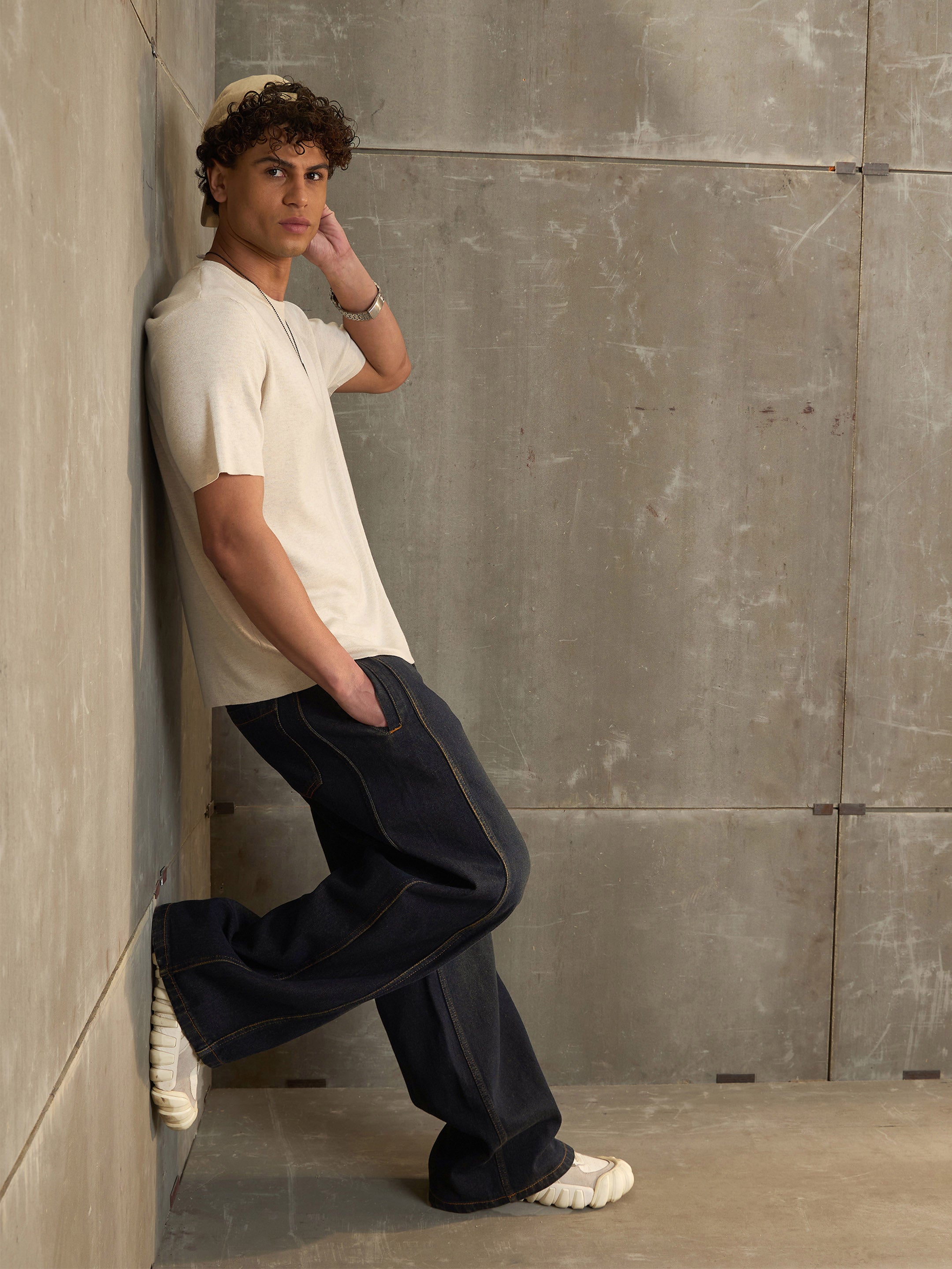 Men Navy Washed Side Detail Wide Leg Jeans-MSJEAN0693