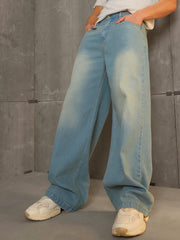 Men Blue Washed Basic Wide Leg Jeans-MSJEAN0695