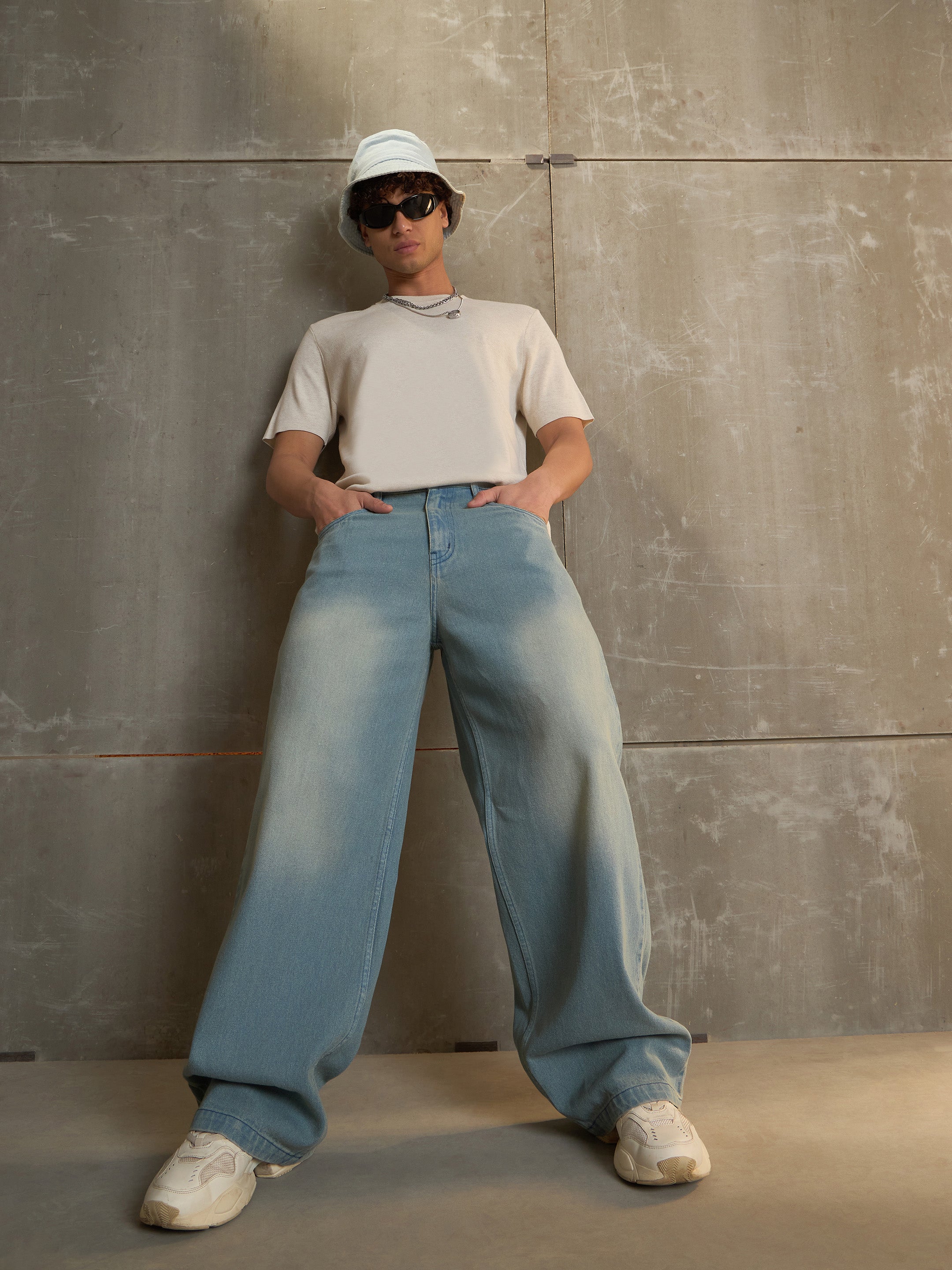 Men Blue Washed Basic Wide Leg Jeans-MSJEAN0695