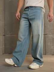 Men Blue Washed Basic Wide Leg Jeans-MSJEAN0695