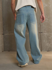 Men Blue Washed Basic Wide Leg Jeans-MSJEAN0695