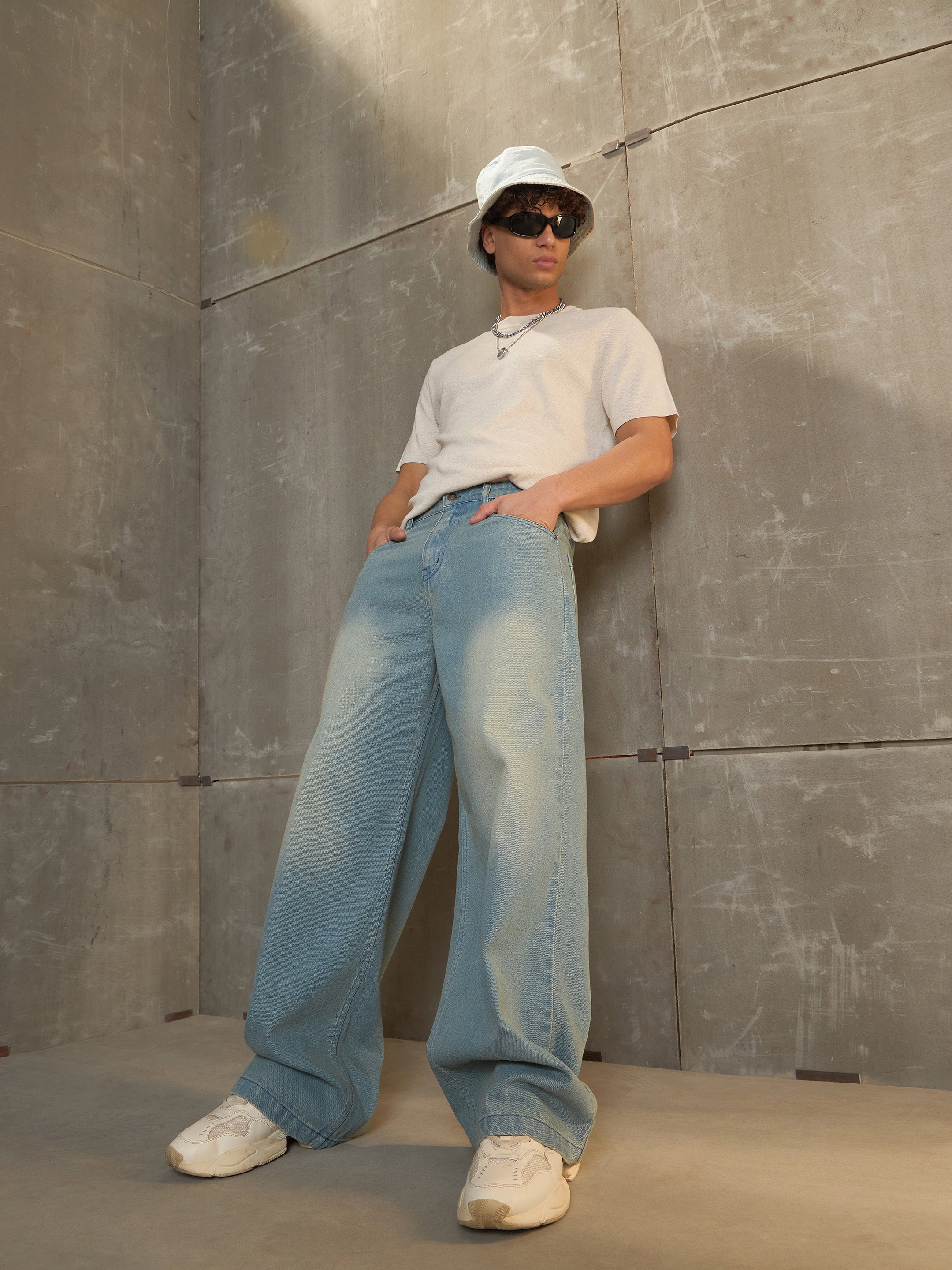 Men Blue Washed Basic Wide Leg Jeans-MSJEAN0695
