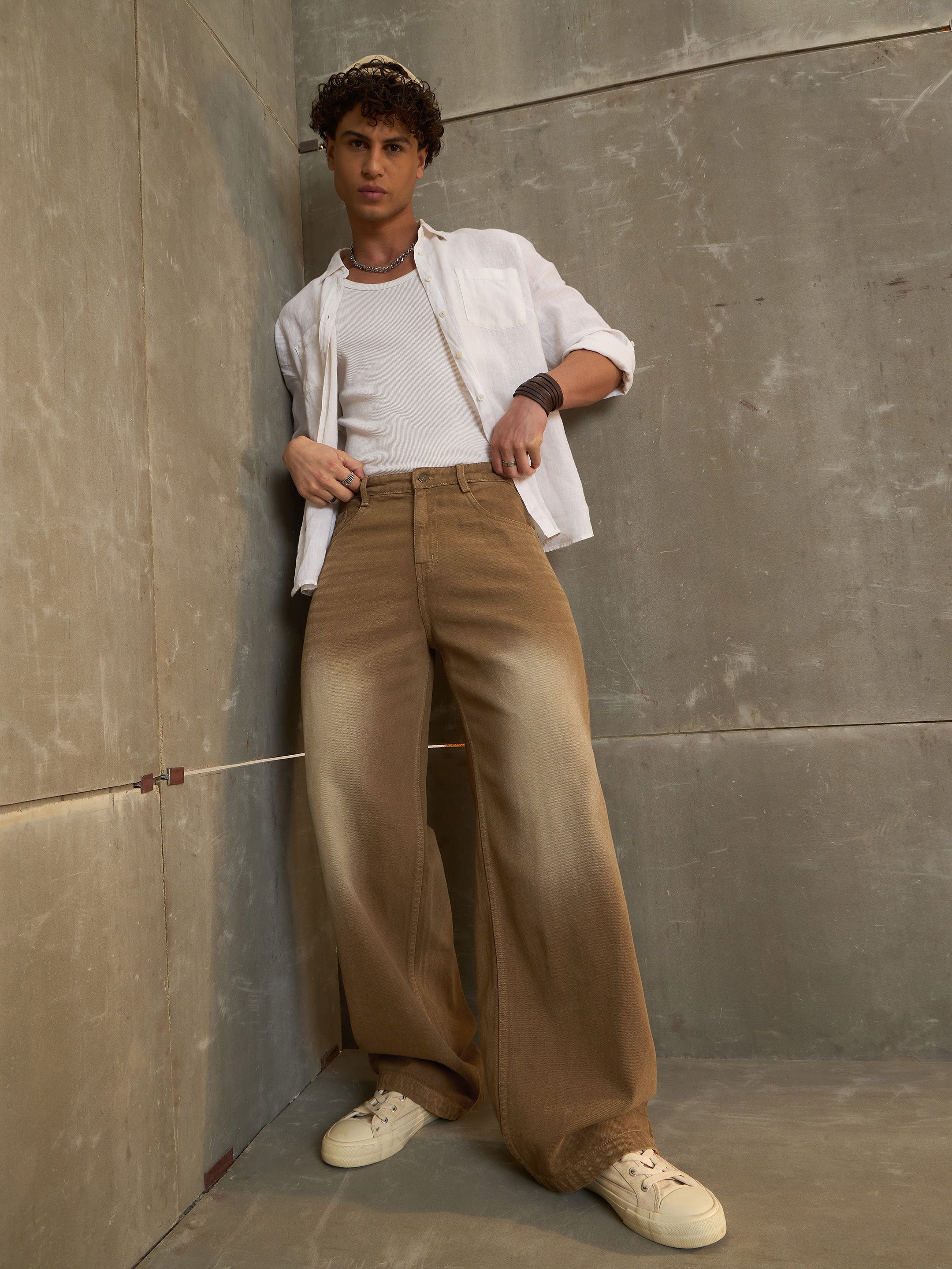 Men Brown Washed Basic Wide Leg Jeans-MSJEAN0697